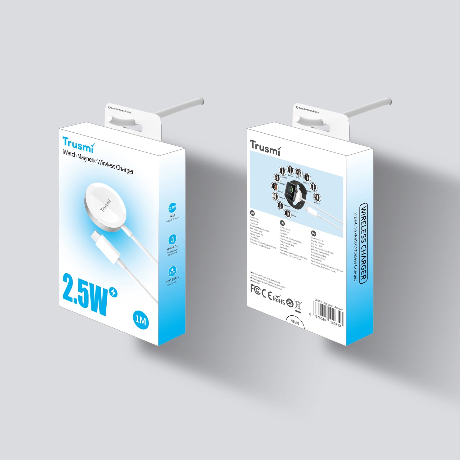 Trusmi iP 2.5W Magnetic Wireless Charger for Watch White 1M