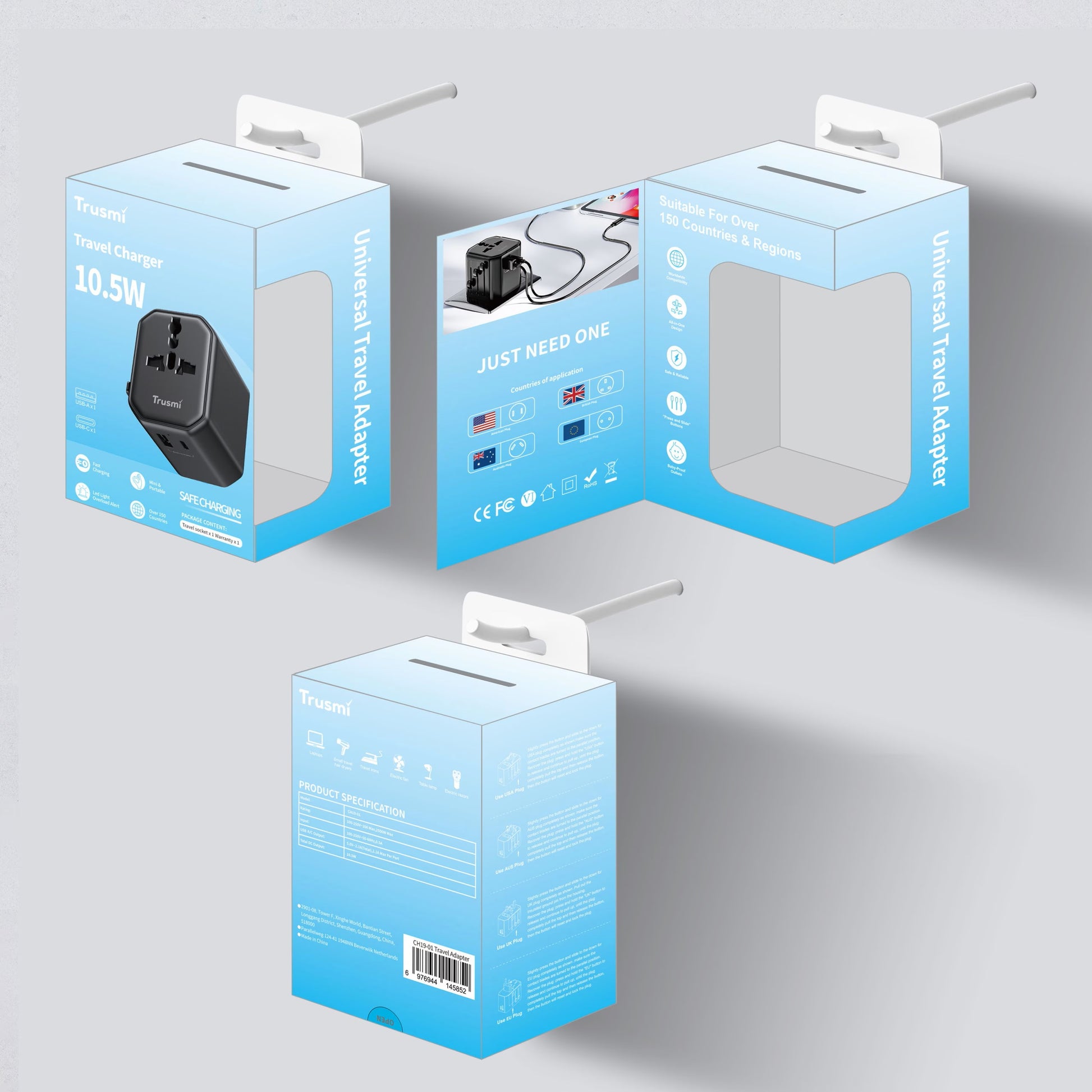 Trusmi 10.5W Travel adapter USB-A/C Charger UK/US/EU/AU Black