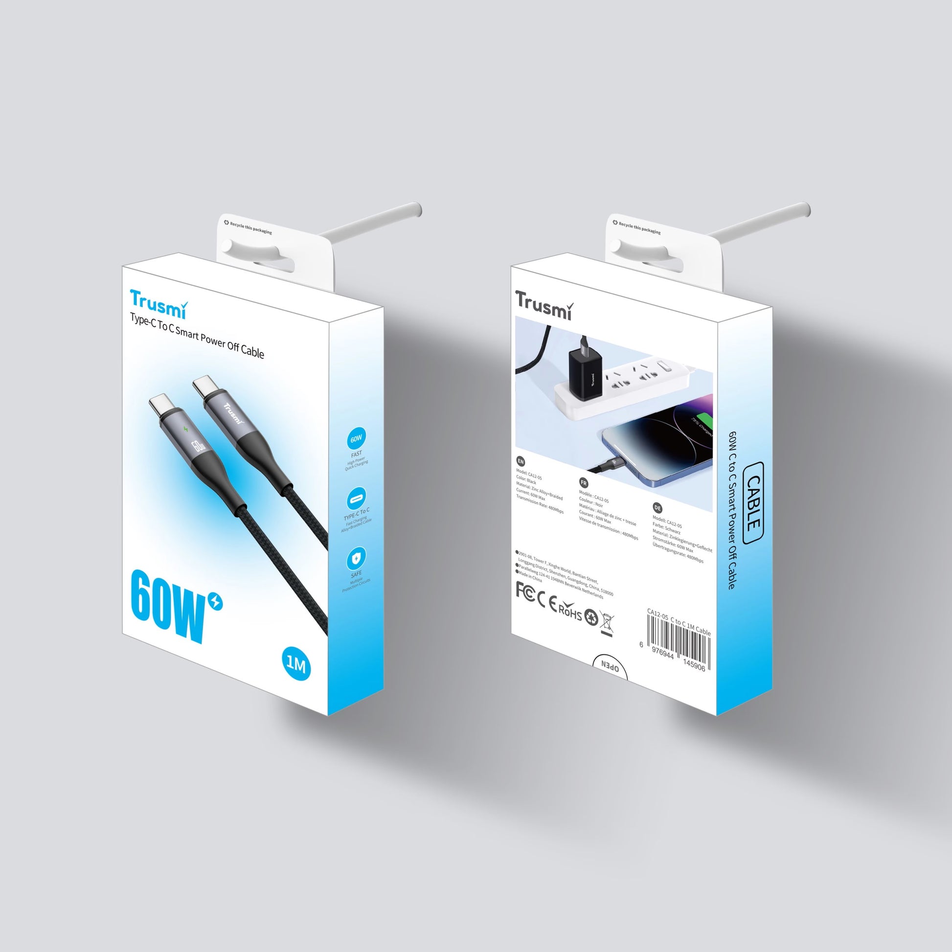 Trusmi 60W C to C Smart Power off Aluminum Alloy Braided Cable Black 1M