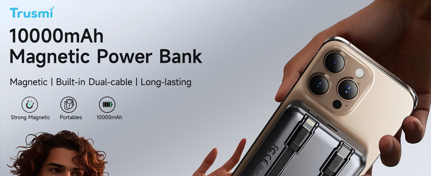 Trusmi 15W Magnetic Wireless Power Bank with C+L Cable Kickstand 10000 mAh Metallic Grey