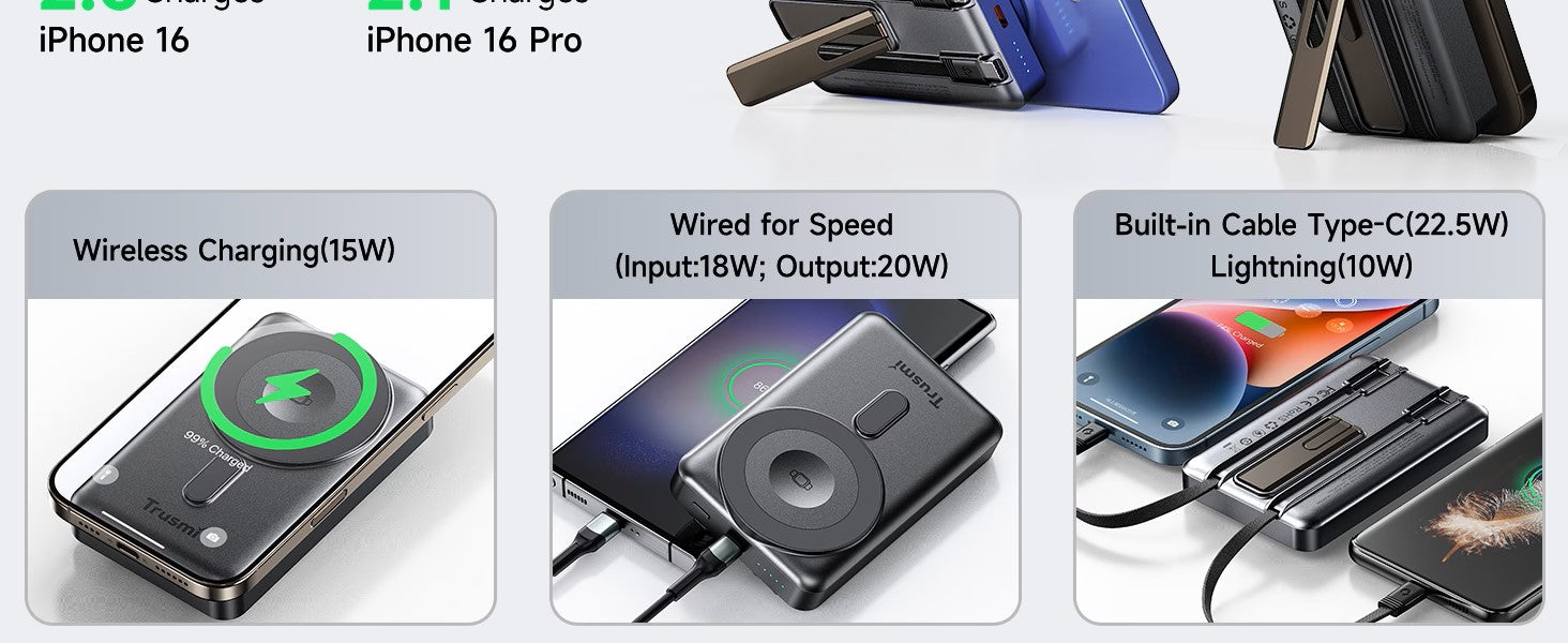 Trusmi 15W Magnetic Wireless Power Bank with C+L Cable Kickstand 10000 mAh Metallic Grey