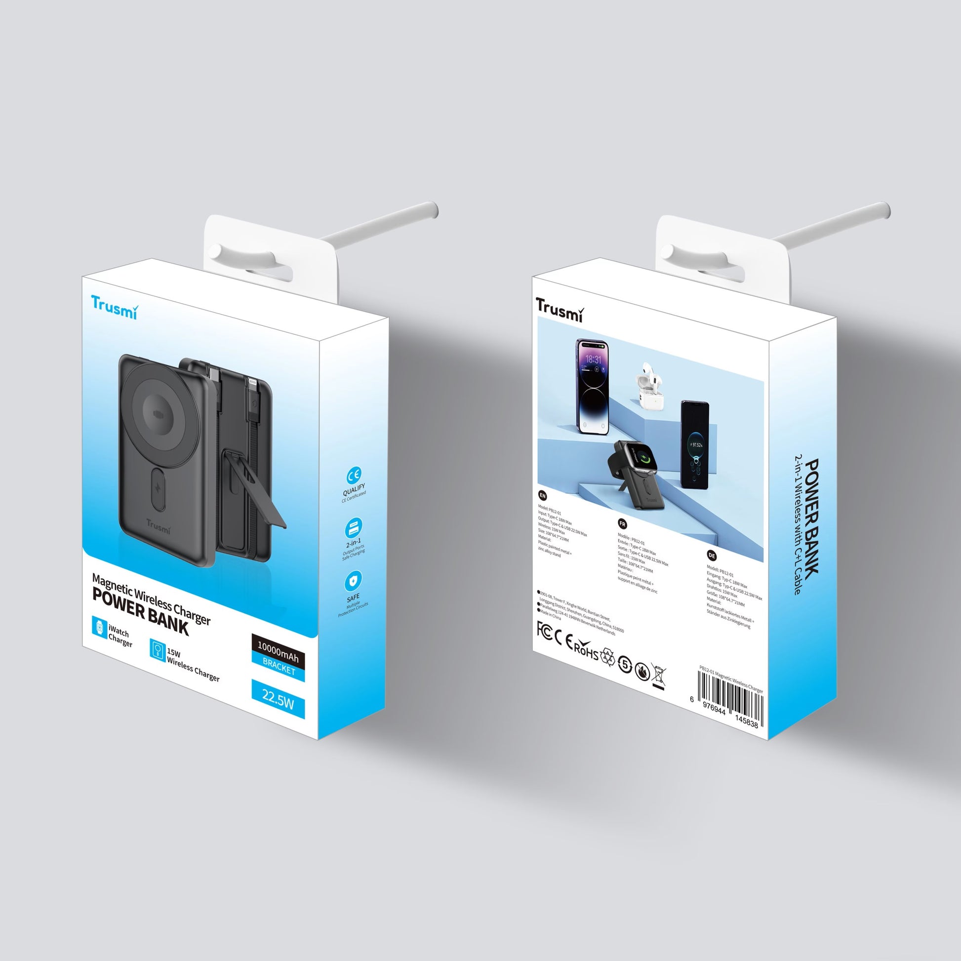 Trusmi 15W Magnetic Wireless Power Bank with C+L Cable Kickstand 10000 mAh Metallic Grey