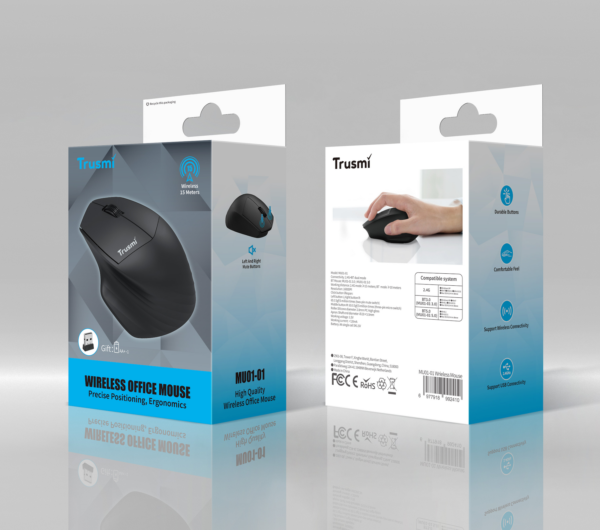 Trusmi 2.4G/BT Ergonomic Contoured-Shape Design Wireless Mouse Black